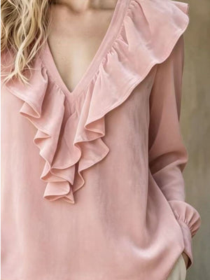Velvet Ruffle V-Neck Blouse Plus Size in Camel with ruffled
