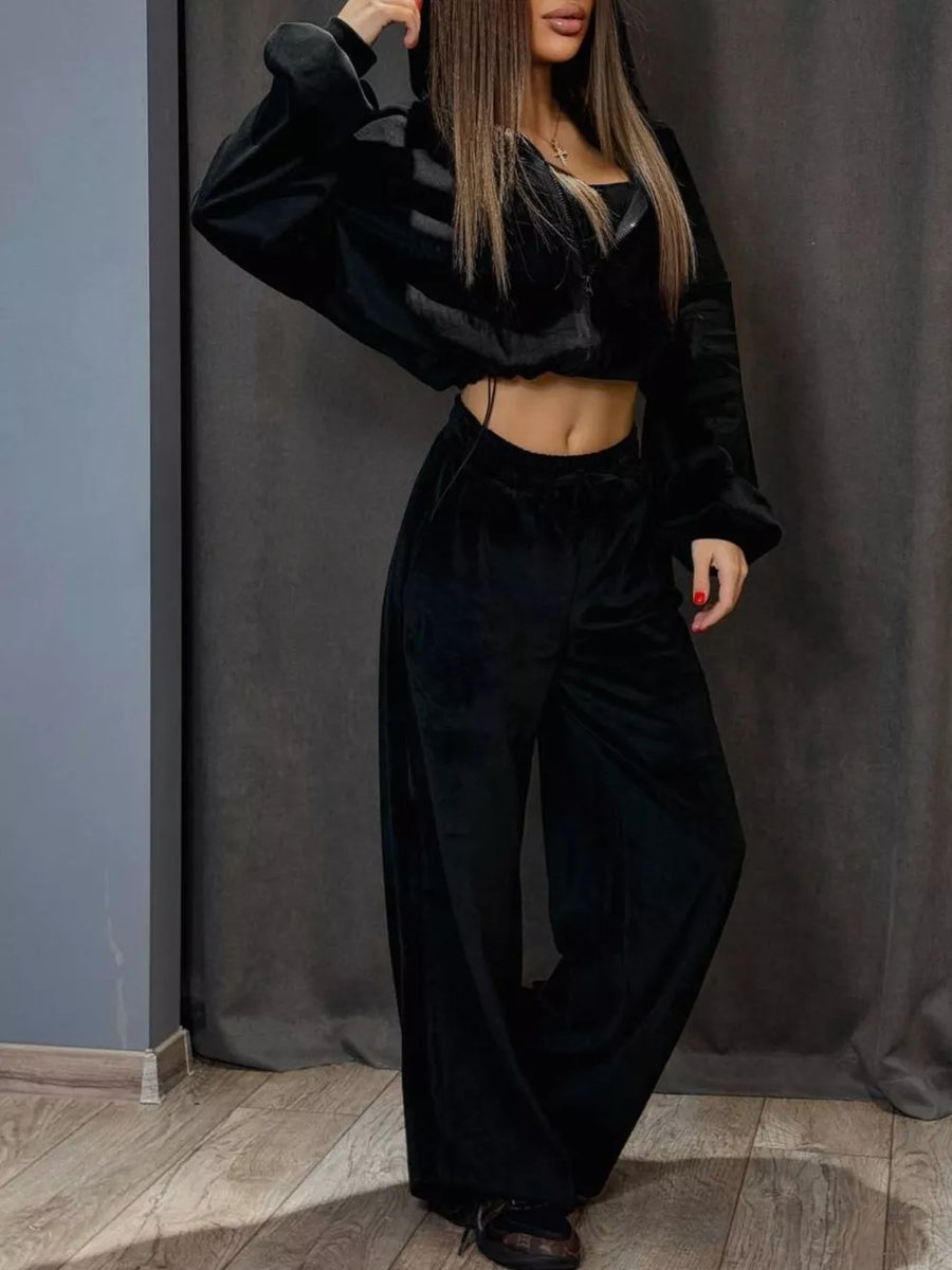 Black with Zip Up Cropped Outerwear And Pants Set in Black