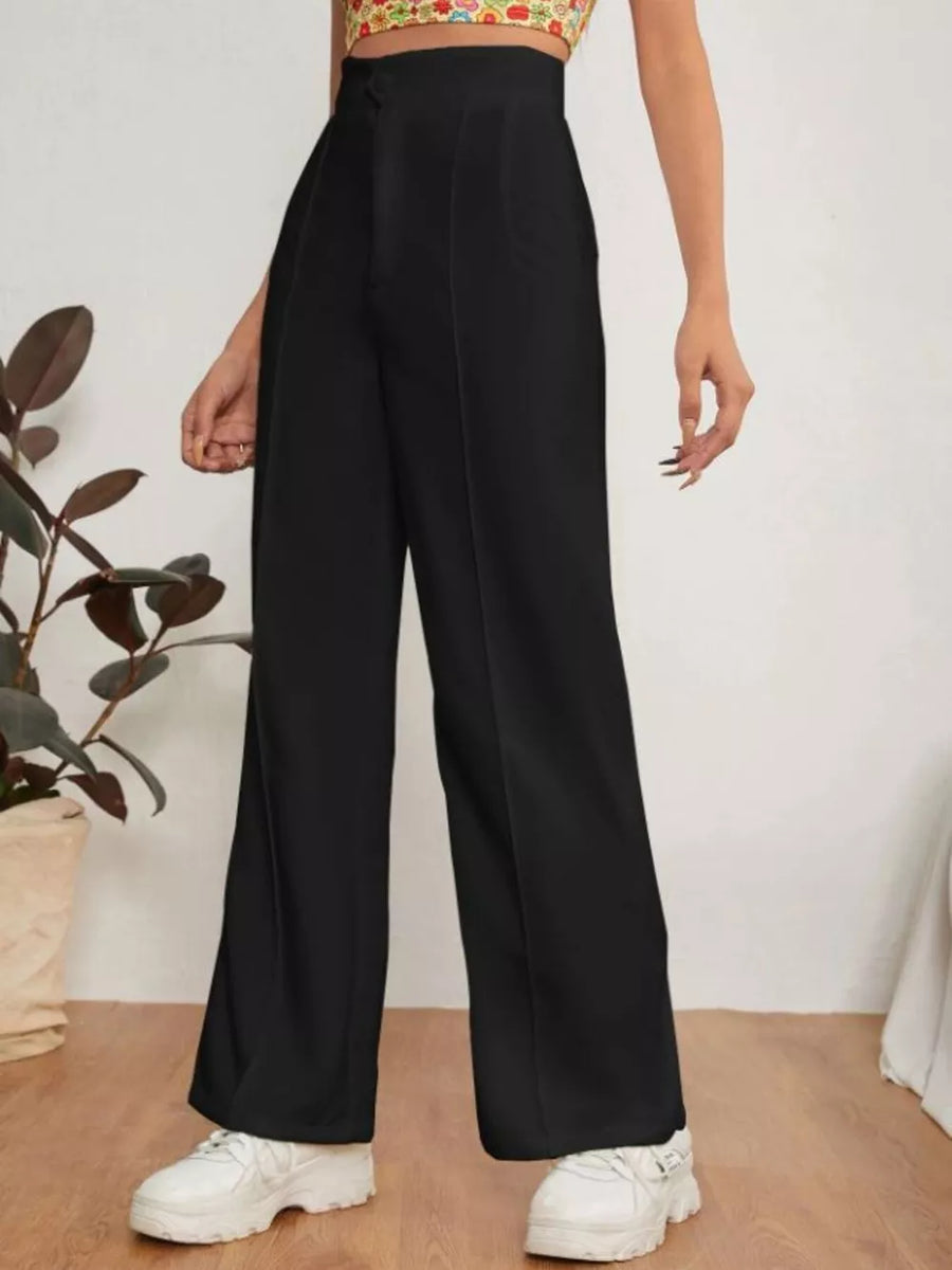 Sleek black high-waisted maternity pants with center seam detail and wide leg