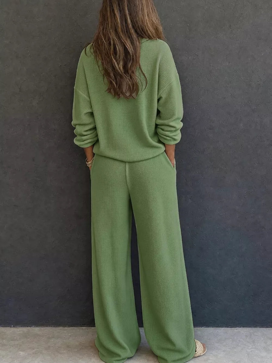 Waffle Knit Henley Top And Wide Leg Pants Set in ivory