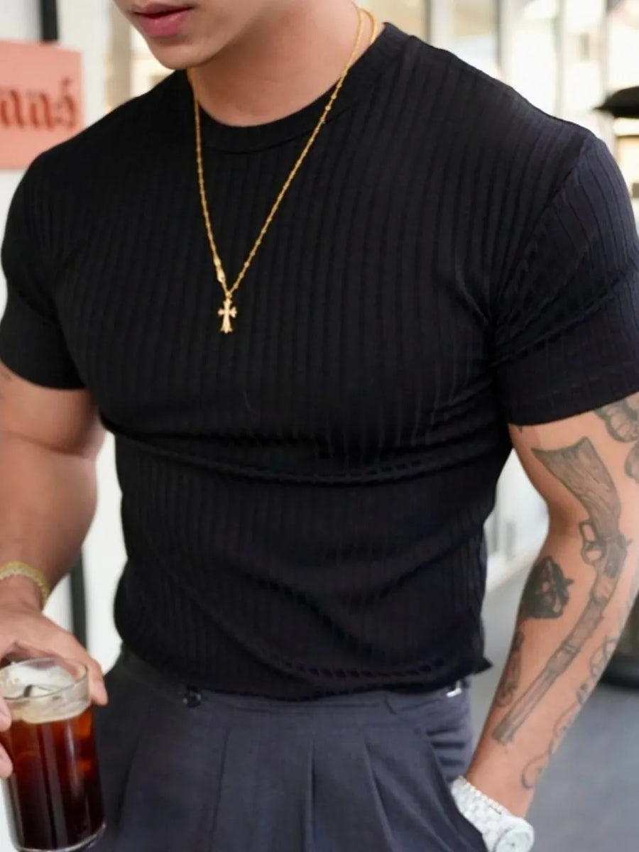 Black ribbed crew neck muscle fit tee with short sleeves.