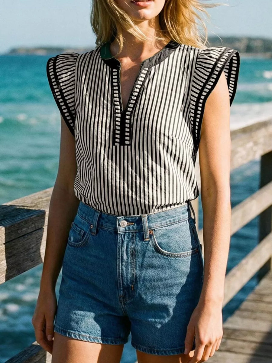 Black and white vertical stripe blouse with ruffle sleeves and v-neck
