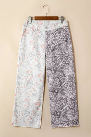 Floral and leopard print wide-leg jeans with a cropped length.