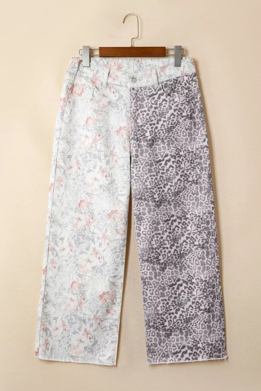 Floral and leopard print wide-leg jeans with a cropped length.