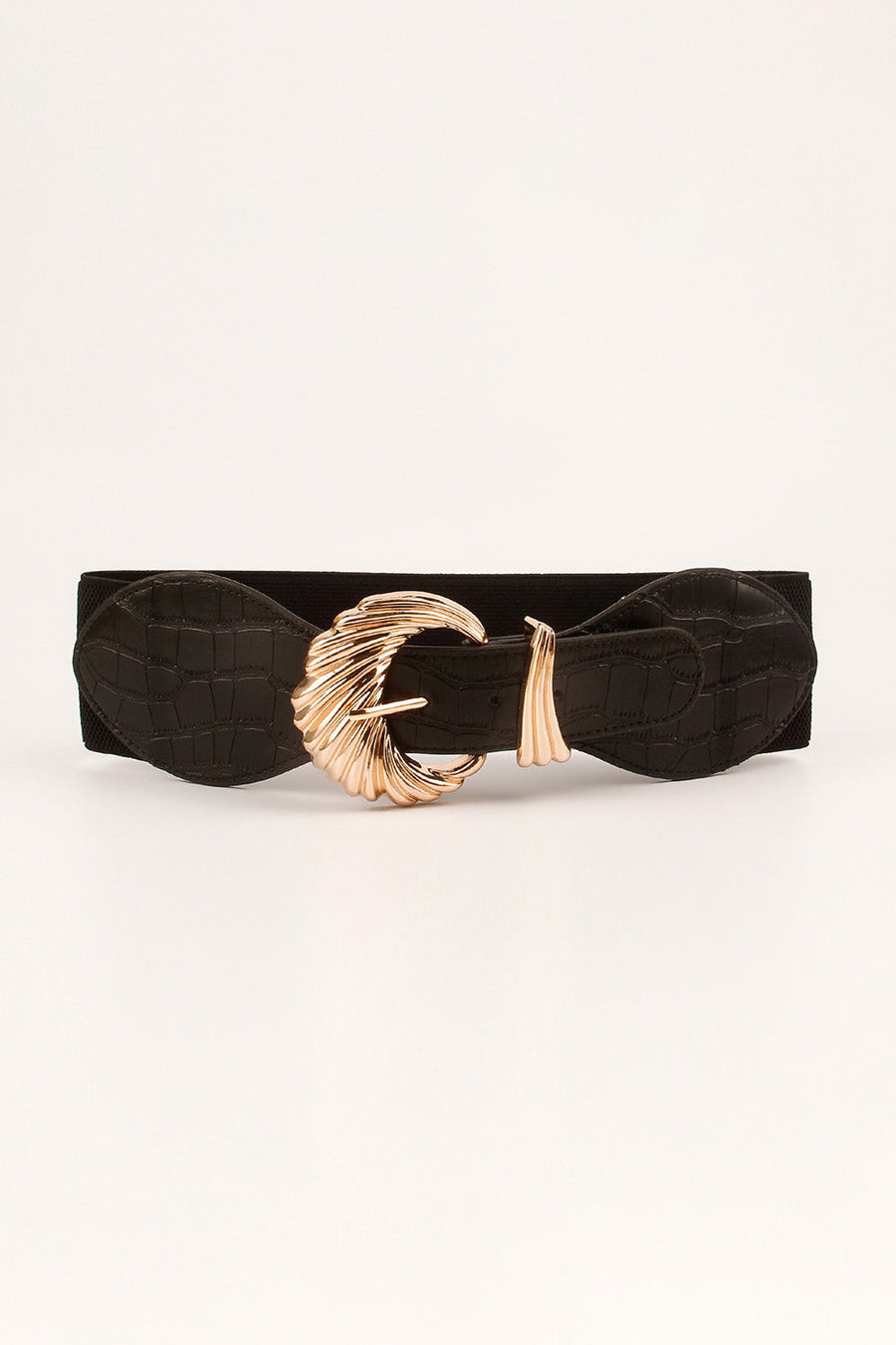 Black croc-embossed elastic belt with a sculptural gold buckle.