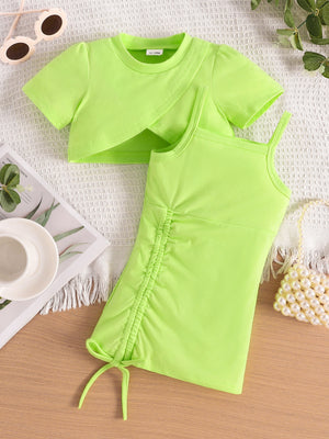 Light Green toddler crop top and dress set with drawstring detail