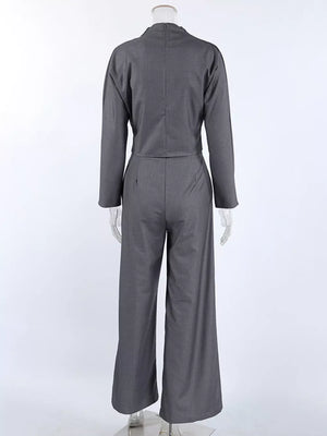 Draped Crop Top And Wide-leg Pants Set in charcoal with tied