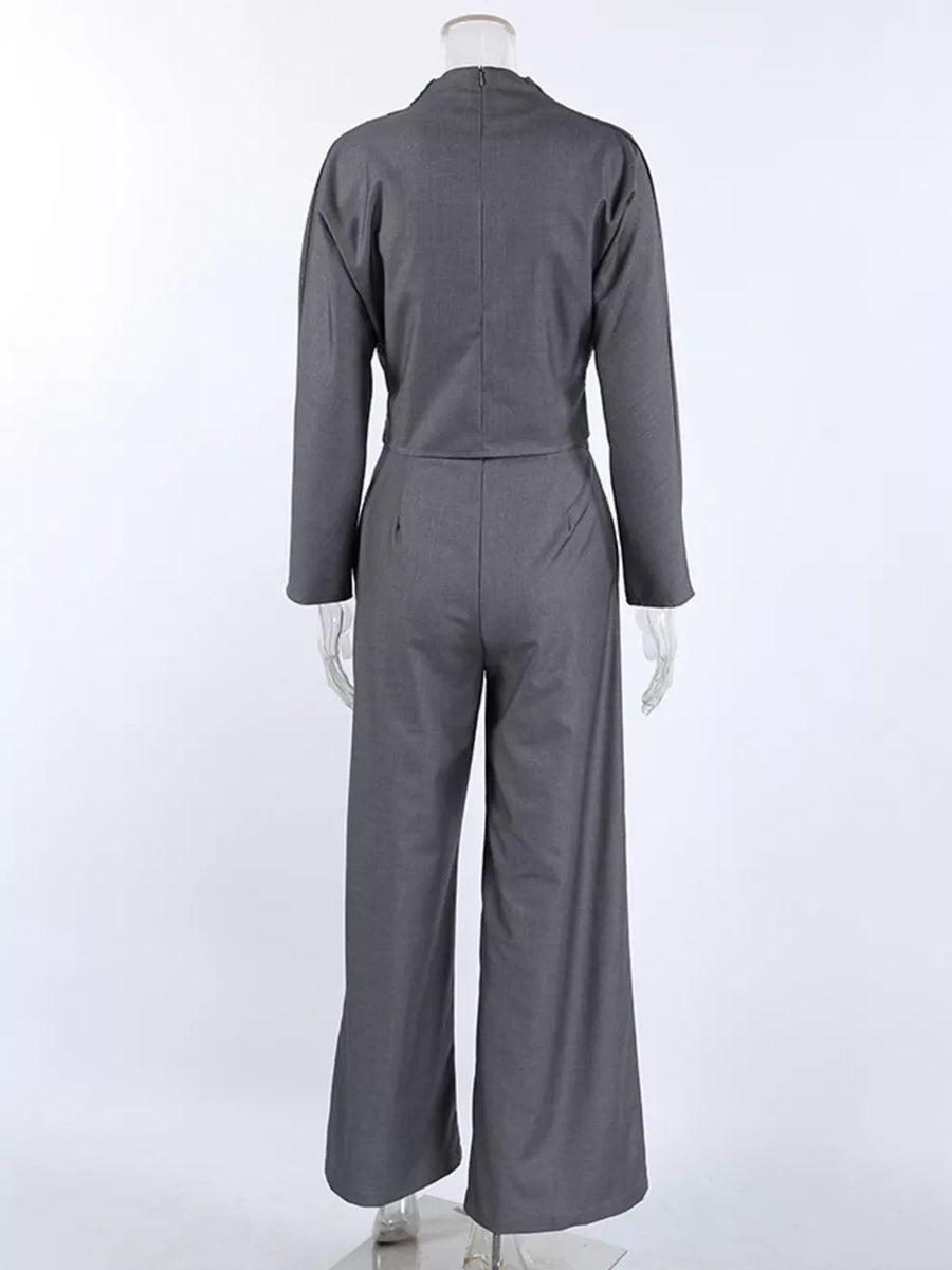 Draped Crop Top And Wide-leg Pants Set in charcoal with tied