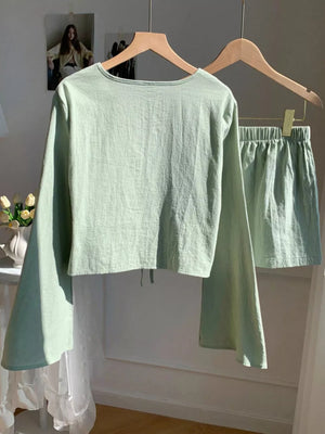 Light green cotton tie-front top with wide sleeves and matching shorts set