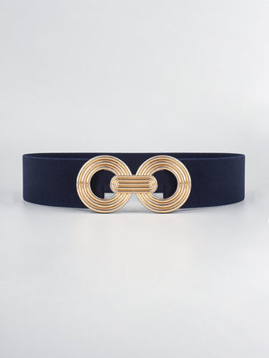 Dark blue stretch belt with interlocking gold circle buckle detail