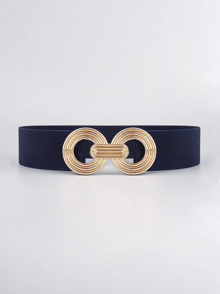 Dark blue stretch belt with interlocking gold circle buckle detail