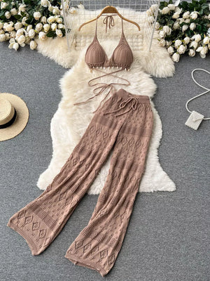 Khaki crochet halter bikini top with shell detail and matching wide-leg pants.