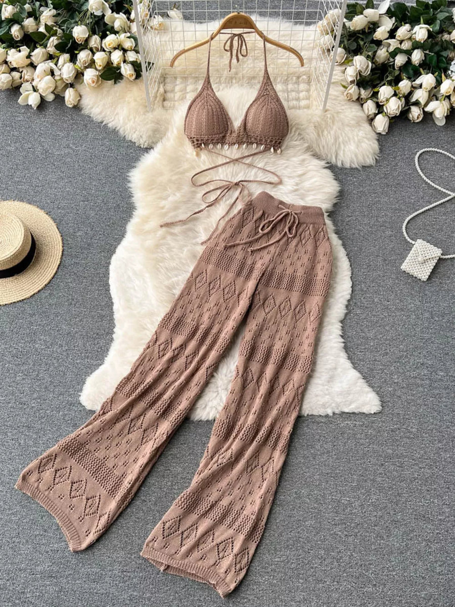 Khaki crochet halter bikini top with shell detail and matching wide-leg pants.
