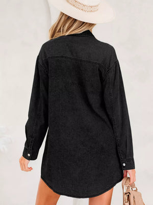 Black denim button-up dress with raw hem and button cuffs.