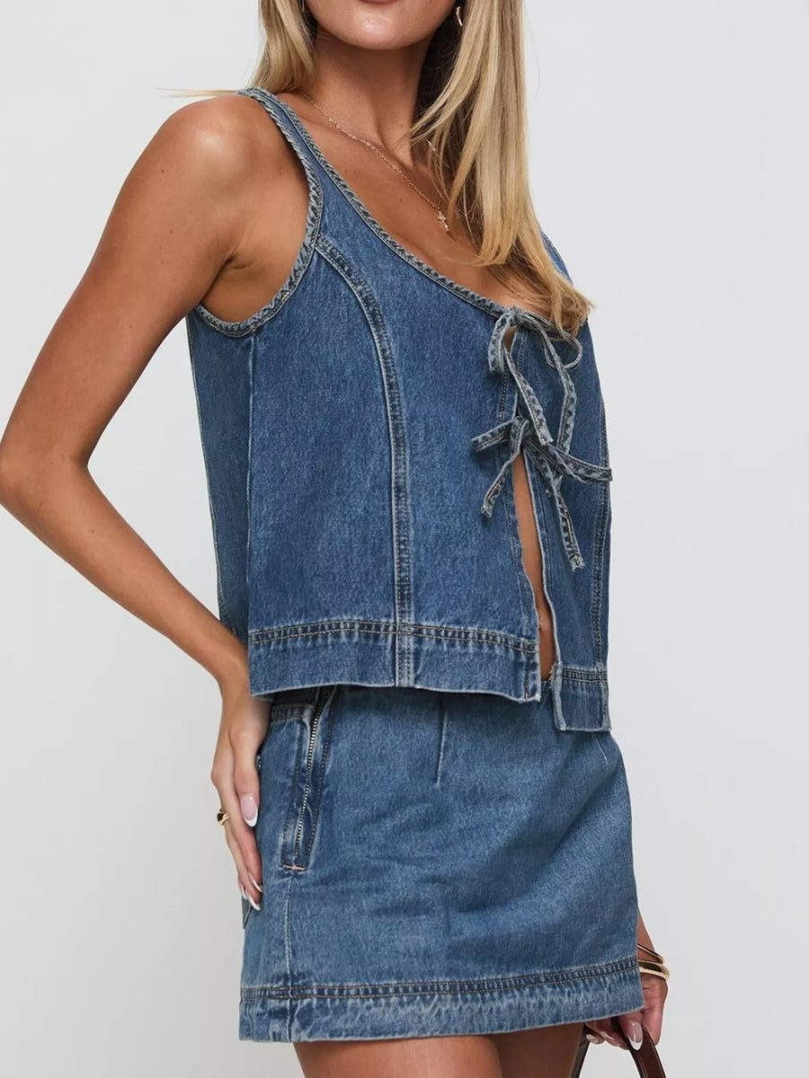 Blue denim tie-front tank top and mini skirt set with zipper detail.