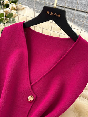 Wine red sheer two-piece set with button details and V-neckline