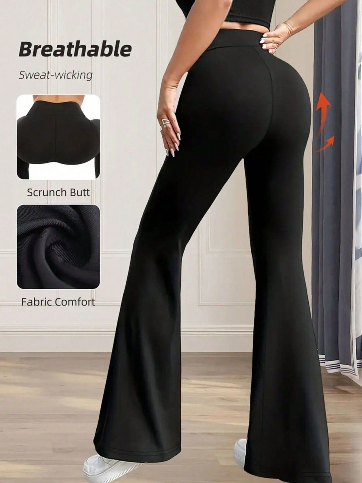 Black high waist flare pants with scrunch butt detail and comfortable fabric.
