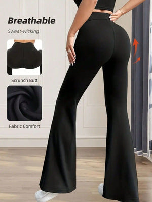 Black high waist flare pants with scrunch butt detail and comfortable fabric.