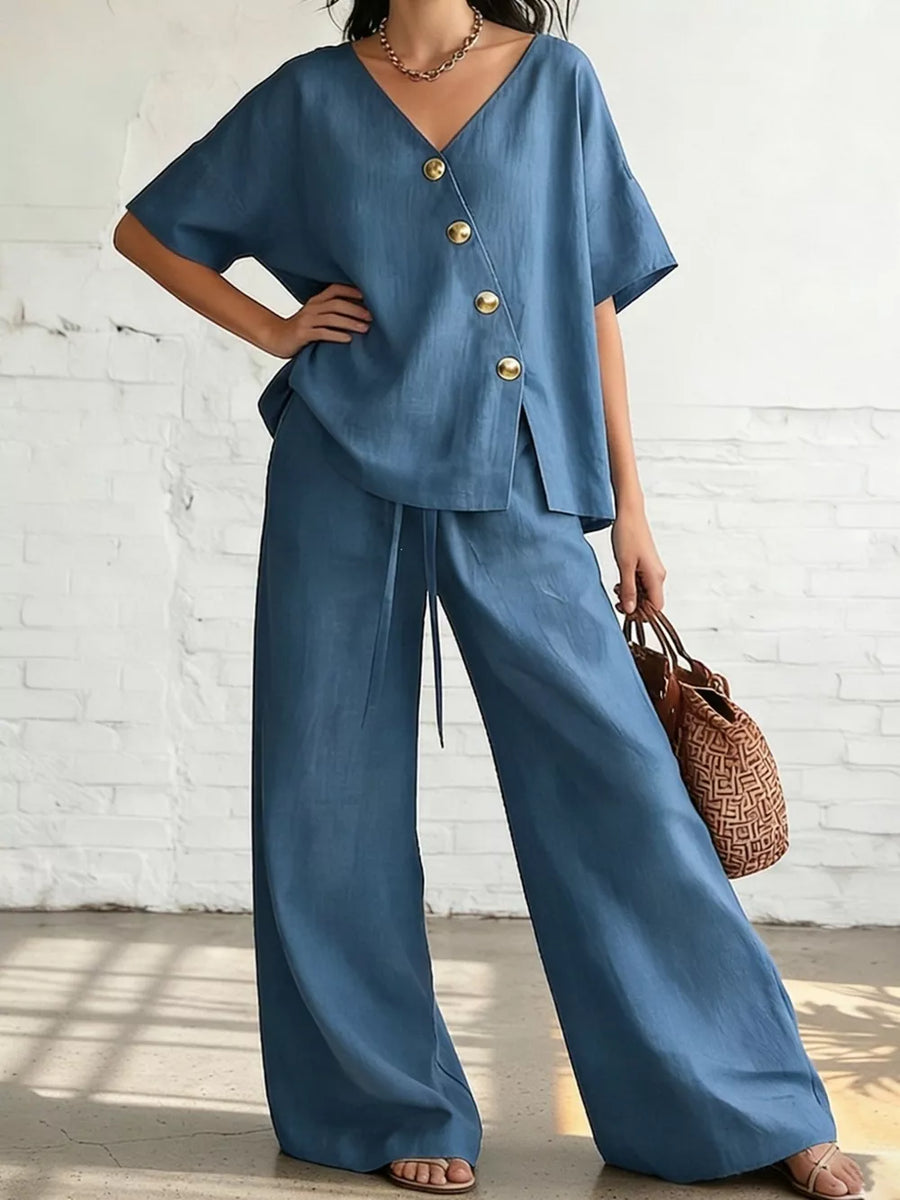 Black Full Size Surplice Half Sleeve Top And Wide-leg Pants Set