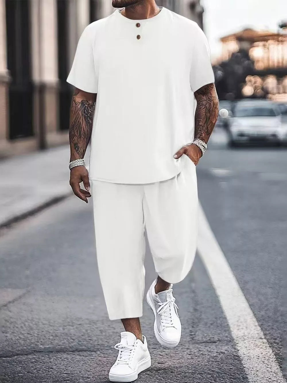 Apricot Men's Plus Size Casual Short Sleeve Top And Pants Set