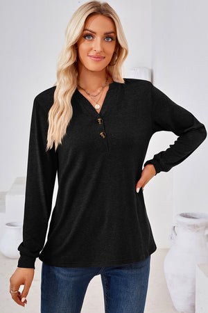 Black Henley button-down knit top with long sleeves and a V-neck.