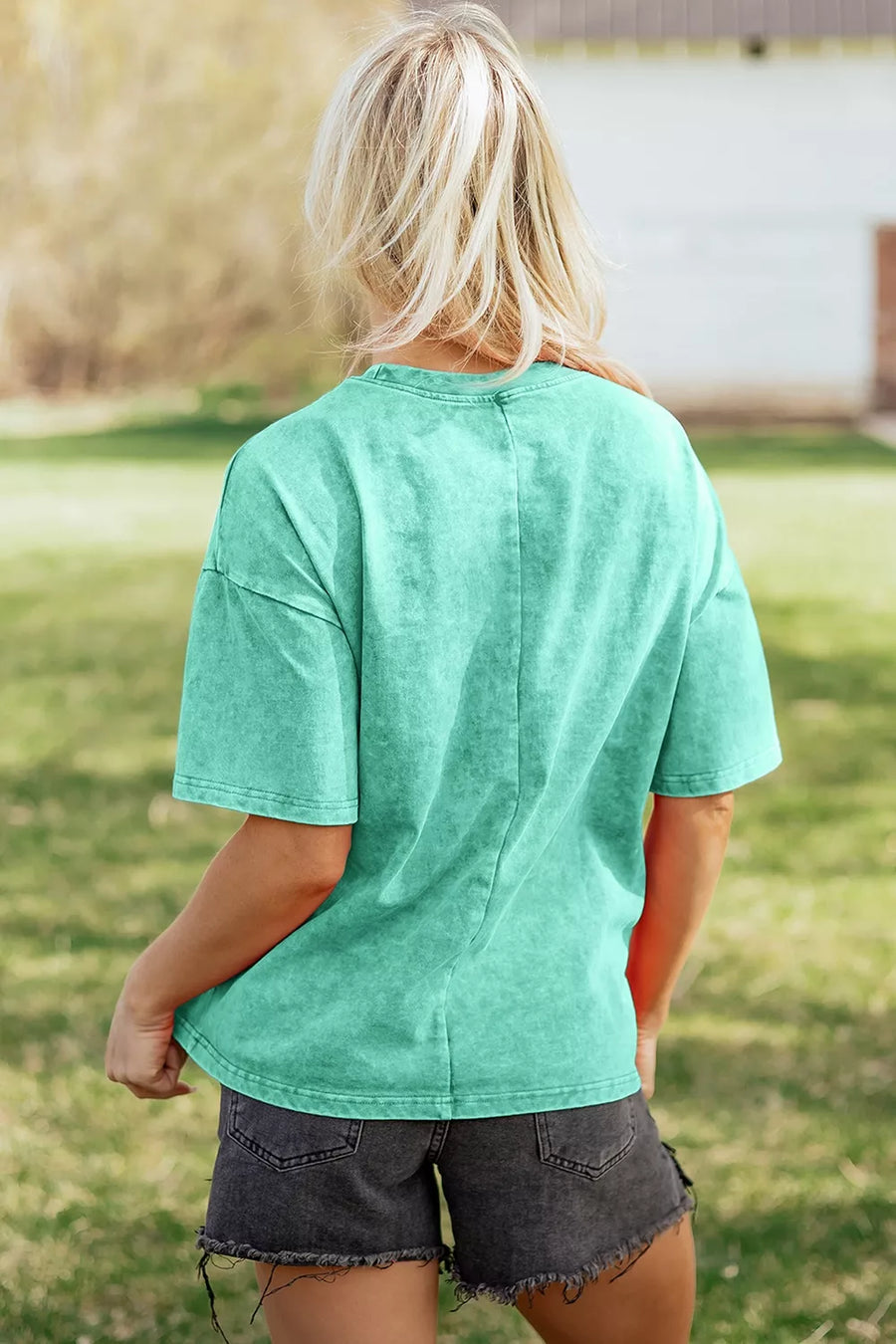Solid Color Cotton Mineral Washed Oversize Tee in Mint Blue, view 16