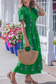 Vibrant green floral maxi dress with smocked waist, short sleeves, and V-neck.
