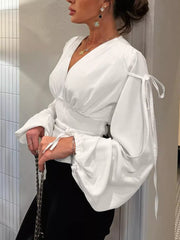 white blouse with ruched and balloon sleeve