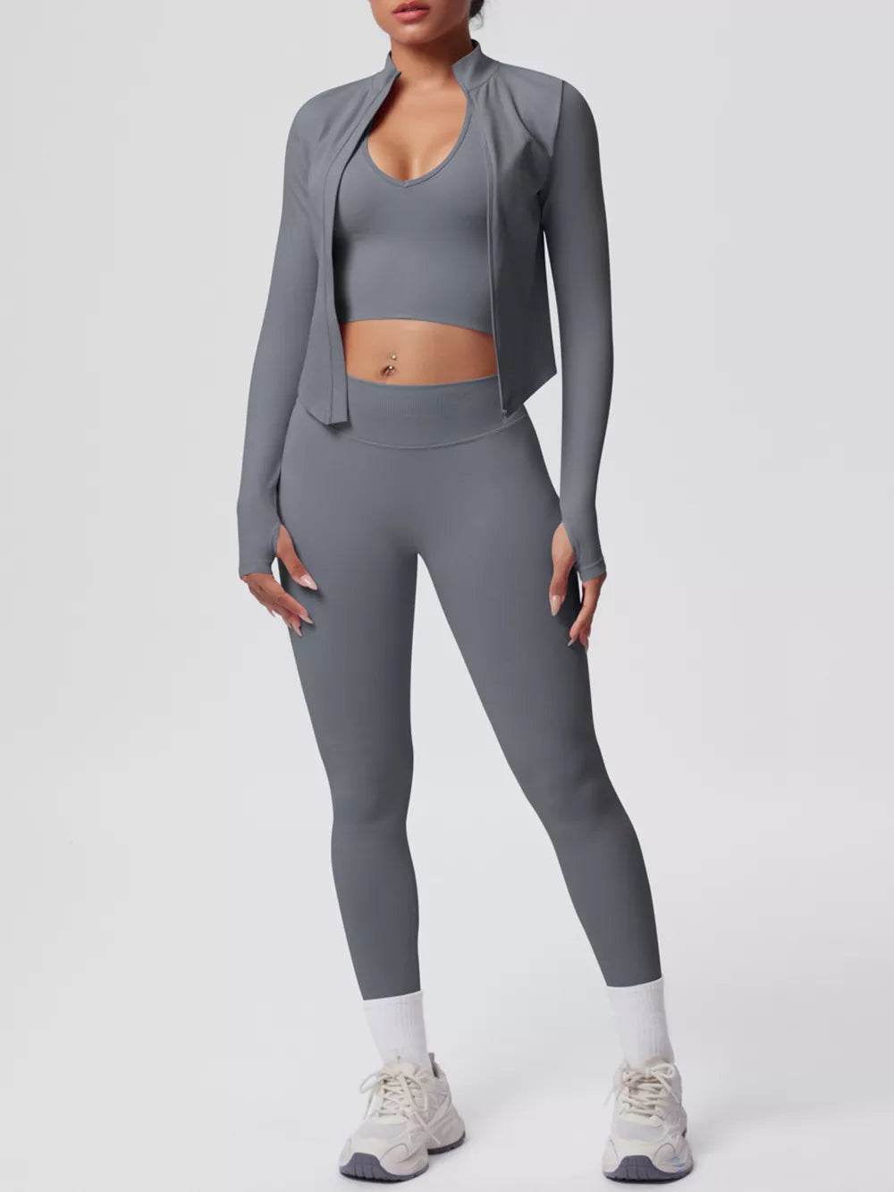 active set in charcoal featuring zipper and fitted fit