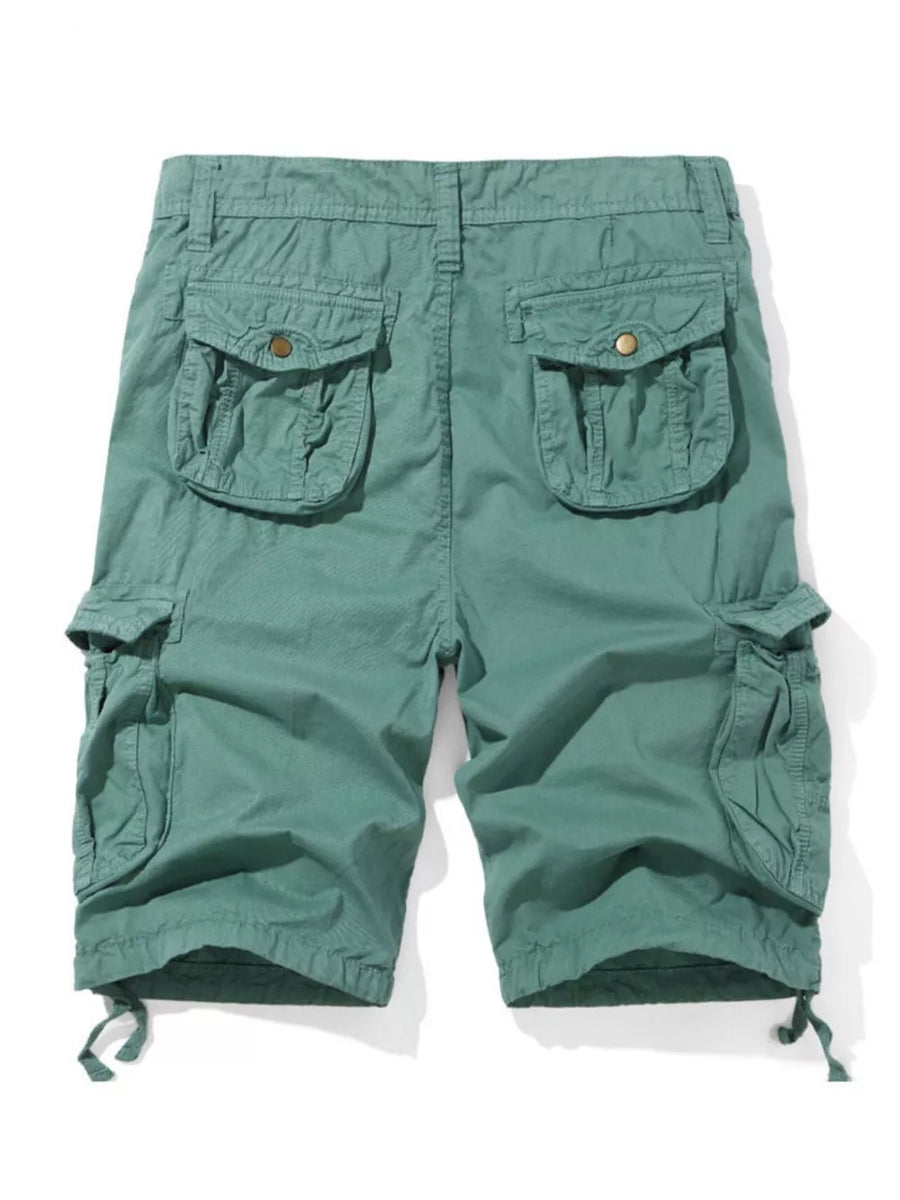 Men's army green cargo shorts with multiple button-flap pockets and drawstring hems.