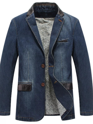 Men's denim blue blazer with leather collar and pocket details, button-up, tailored fit.