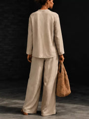 Notched Long Sleeve Top And Pants Set in Burgundy