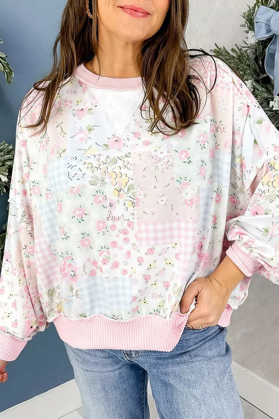 Blush Pink with Twisted Ribbed Trim Floral Print Sweatshirt in Blush Pink
