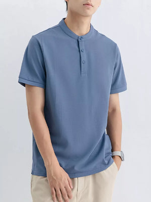 Men's blue gray short sleeve t-shirt with mandarin collar and button placket.