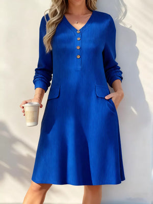 Black Full Size Ribbed Knit V-neck Dress Plus Size