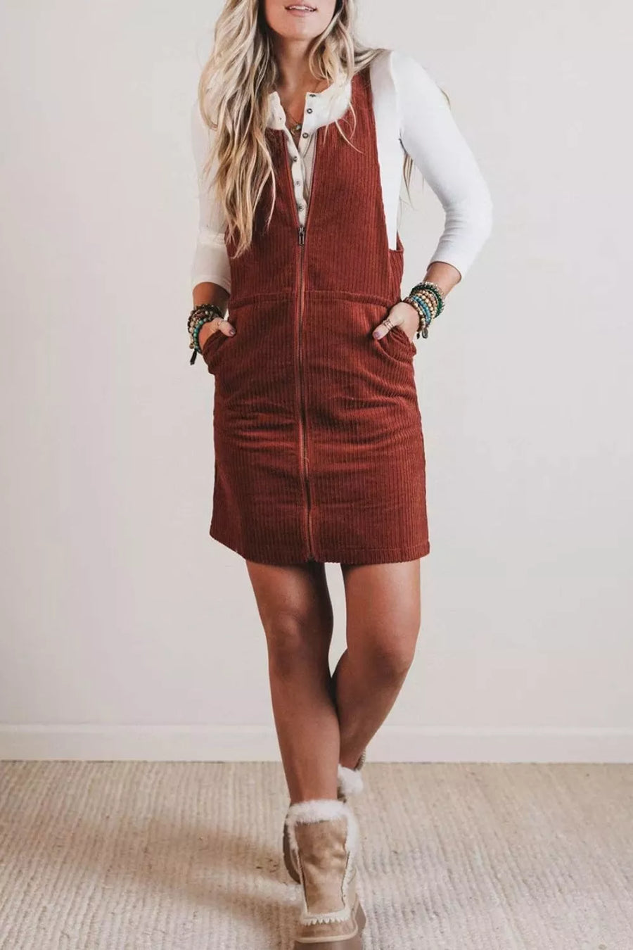 Ribbed Corduroy Zip-up Sleeveless Sheath Dress option 3