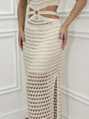 Beige cutout crochet maxi set with ring detail and side slit.
