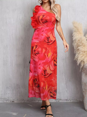 Floral one shoulder maxi dress with ruffled detail in red and pink.