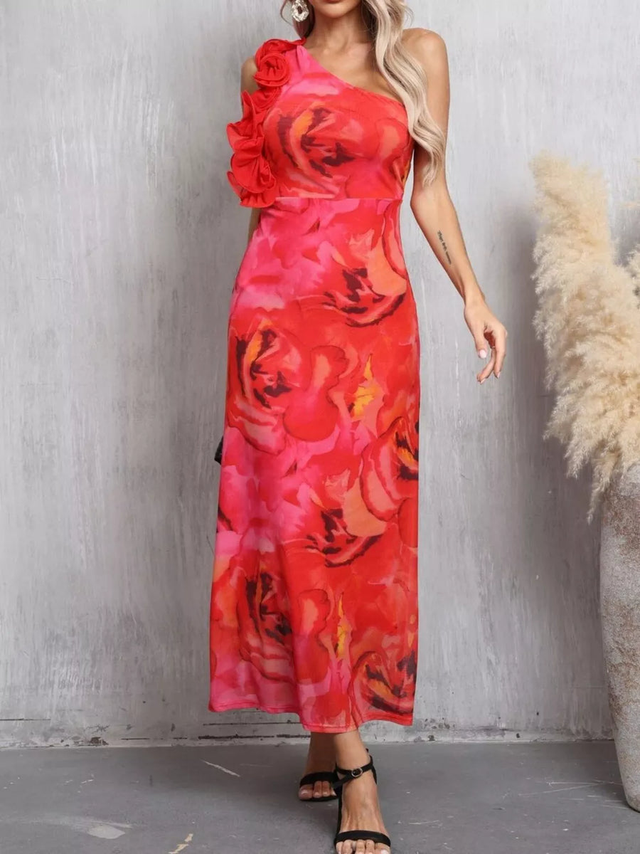 Floral one shoulder maxi dress with ruffled detail in red and pink.