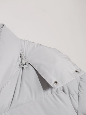 Light gray puffer jacket with zipper and snaps