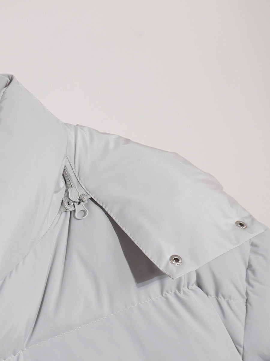 Light gray puffer jacket with zipper and snaps