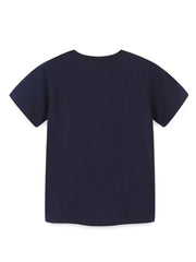 Navy blue toddler t-shirt with short sleeves and a crew neck.