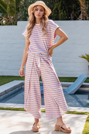 Rainbow stripe culotte jumpsuit with drawstring waist and wide legs, cotton.
