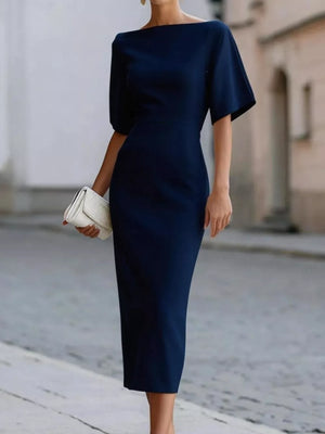 Half Sleeve Boat Neck Midi Dress in White