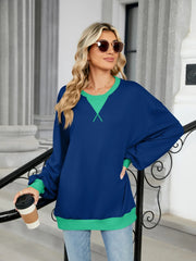 65% rayon, 30% polyester, 5% spandex Care instructions: Machine wash cold sweatshirt in Pastel Blue with relaxed silhouette