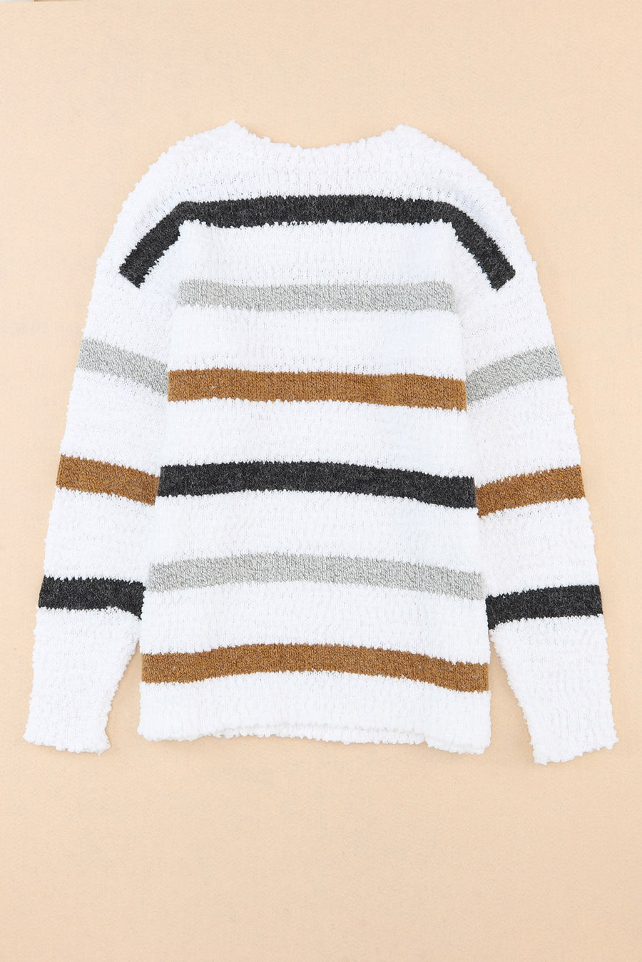 Textured stripe slouchy knit sweater in white with acrylic yarn, featuring horizontal stripes in black, grey, and brown.