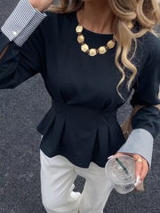 95% polyester, 5% elastane Care instructions: Machine wash cold peplum top in navy blue with fitted silhouette