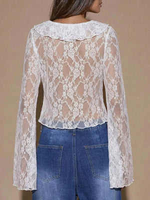 Sheer Lace Ruffle Tie-front Blouse in Black