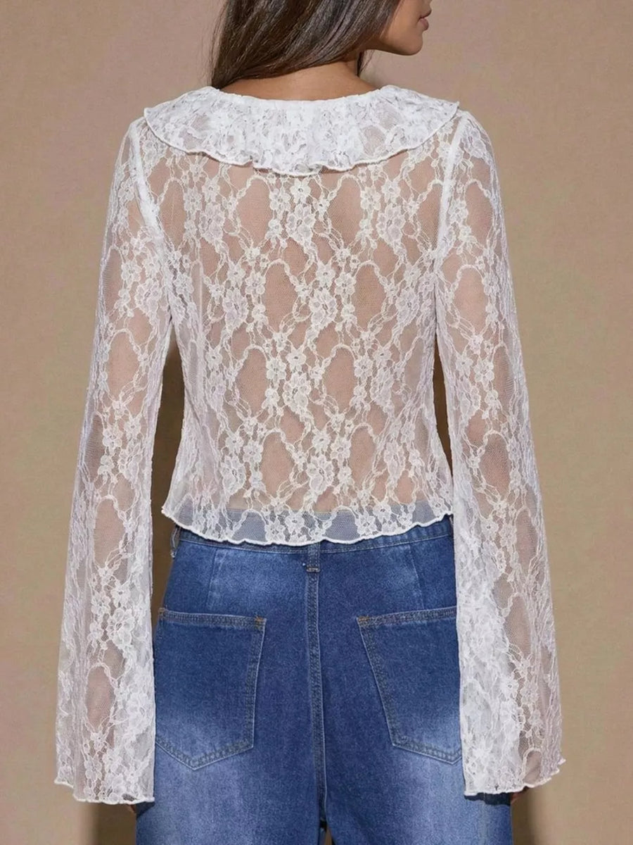 Sheer Lace Ruffle Tie-front Blouse in Black