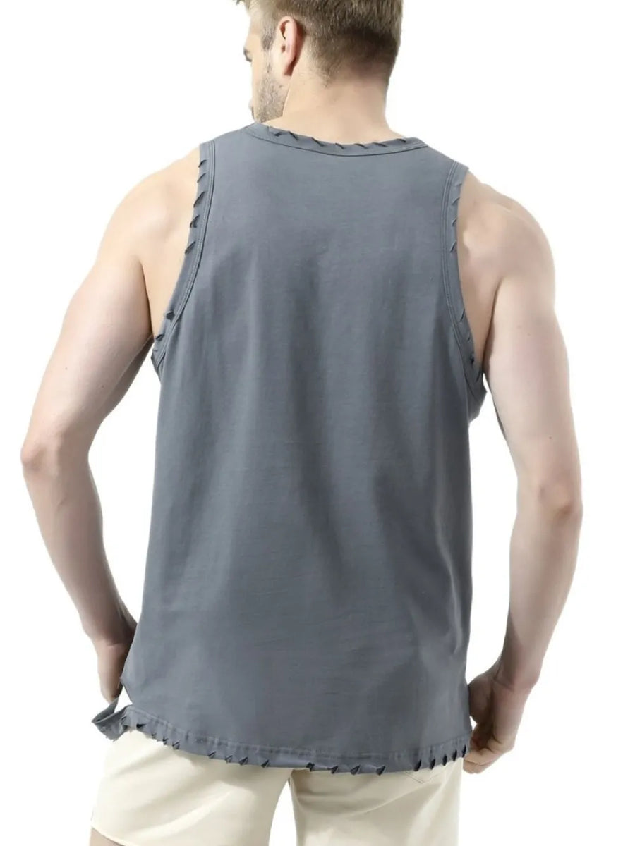 Gray relaxed fit tank top with raw edge detail on neckline and hem